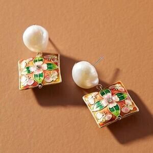 Anthropologie Cloisonne Pearl Drop Earrings
